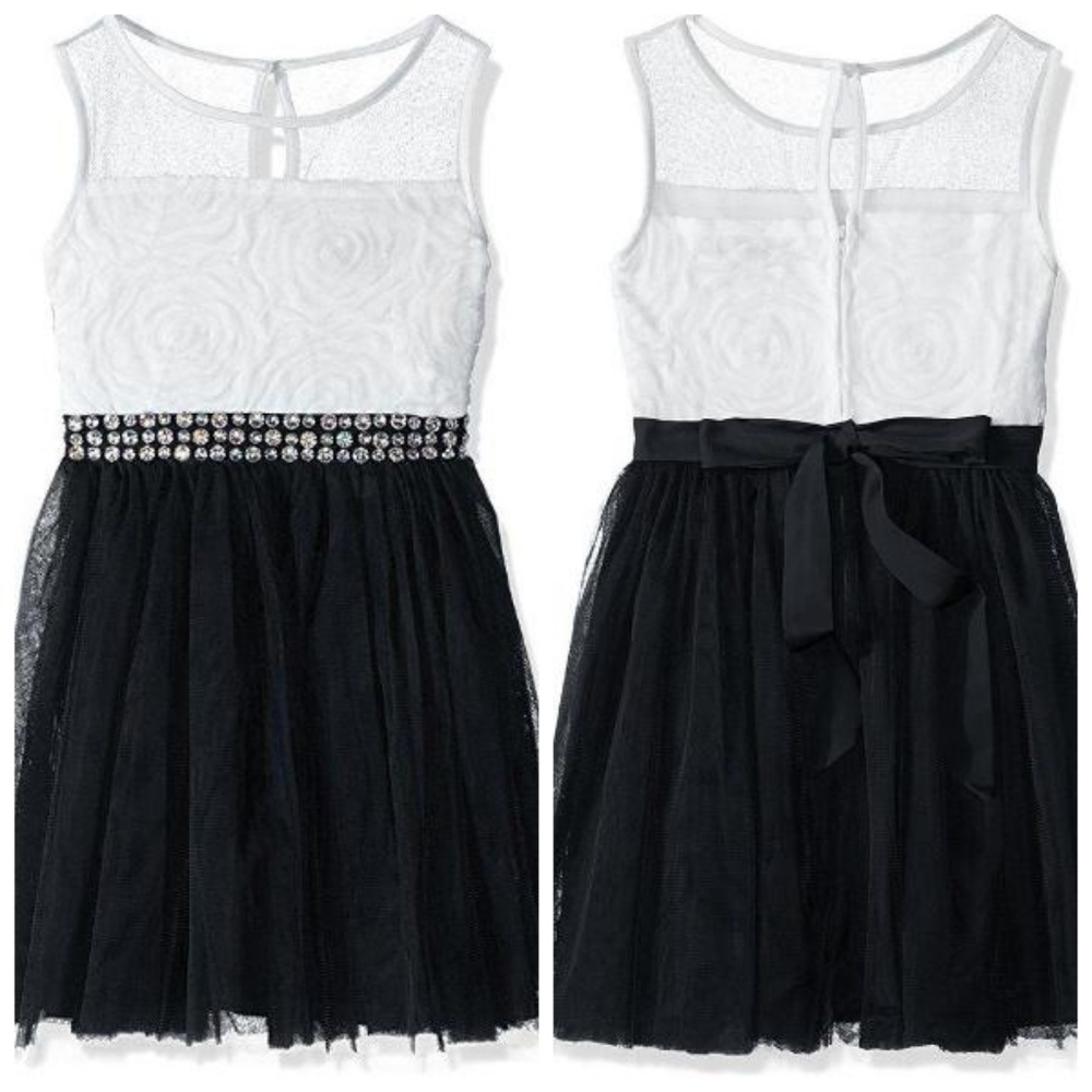 My Michelle Girls Sleeveless Floral Soutache Tulle Dress Black‎ white NWT